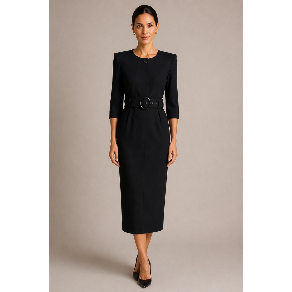 80s Black Belted Midi Dress Pockets Minimalist Career USA Womens‎ 10